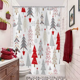 GCIREC Christmas Tree Shower Curtain, Grey Beige Red Xmas Tree with Stars Snowflake Cute Bathroom Curtain for Boys Girls Bathtub Decor Waterproof Washable Fabric with 12 Hooks, 72''Lx72''W