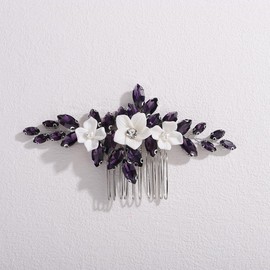 Xerling Bride Wedding Dark Purple Rhinestone Hair Comb Flower Hair Piece Bridal Floral Hair Jewelry Accessories for Women (Dark Purple)