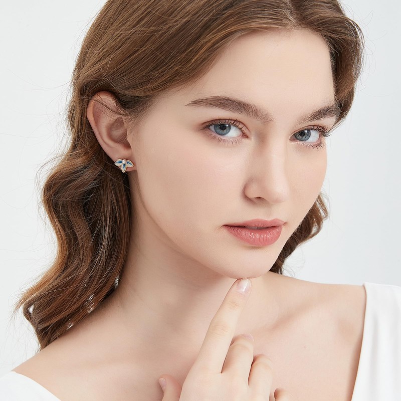 LavieLamour Leaf Flower Stud Earrings Blue White Enamel Imitation Pearl