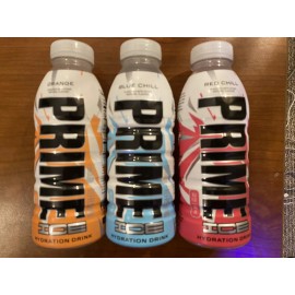 PRIME Hydration ICE 3 Flavor Set Blue Chill, Red Chill, and Orange IN HAND