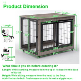 Dog Crate,38/43 Inch Dog Cage Furniture,Large Dog Kennel with Double Doors,Heavy Duty Dog Crate with Wheels,Wooden Dog Crate Mental Frame with Pull-Out Tray for Medium/Large/Small Dog (Gray, 38in)
