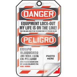 Accuform Lockout Tags, Pack of 25, Bilingual Danger Equipment Lock-out My Life is on the Line with Picture Insert, US Made OSHA Compliant Tags, Tear & Water Resistant Self-Laminating PF-Cardstock with Grommets, 5.75"x 3.25", TSP107LCP