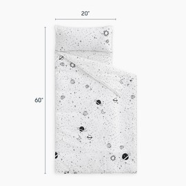 Wake In Cloud - Extra Long Nap Mat with Removable Pillow for Kids Toddler Boys Girls Daycare Preschool Kindergarten Sleeping Bag, Space Stars Rockets on White, 100% Cotton with Microfiber Fill