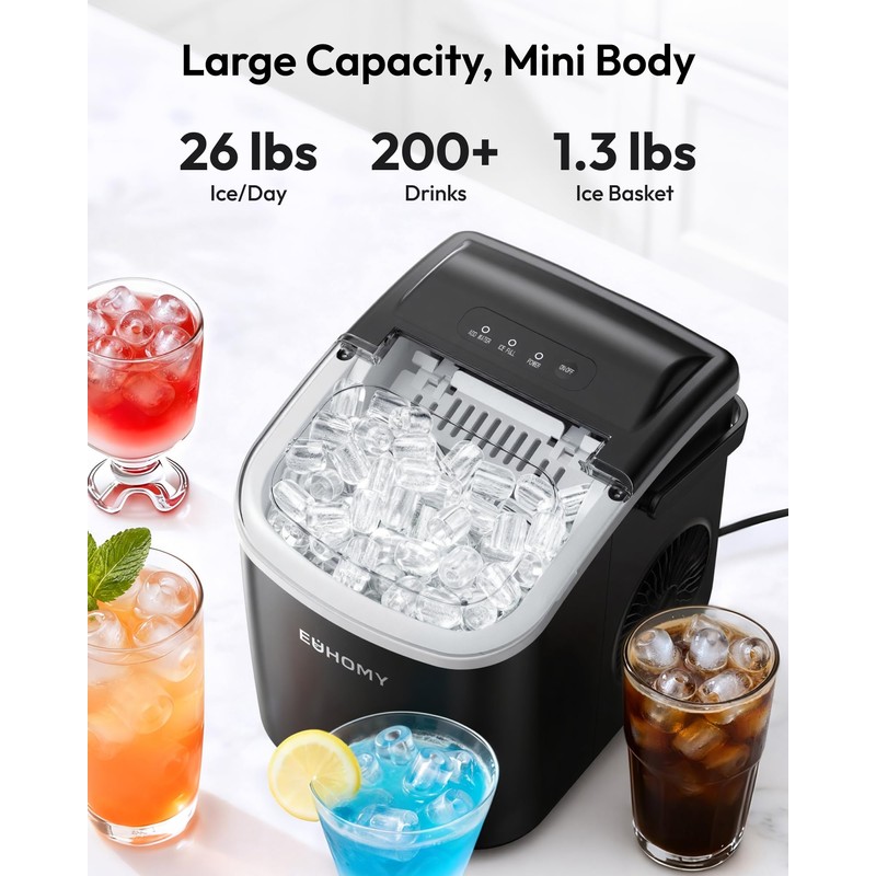 EUHOMY Countertop Ice Maker Machine with Handle, 26.2lbs Per Day,