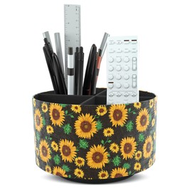 Hennaja Round Leather Art Supply Organizer,Remote Control Holder,360 Degree Rotating,Multi-Functional Pencil Holder,4 Compartments Desktop Stationary Organizer(1-Sunflower)