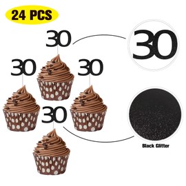 Sumerk 24PCS 30 Cupcake toppers Black Glitter 30th Birthday Cupcake Picks Anniversary Party Decorations