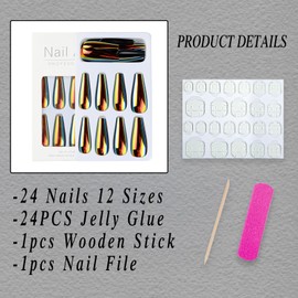 ROFIBUT 24pc Chrome Press On Nails Long Ballerina Glue on Nails Holographic Fluorescent Art Coffin False Nails Laser Mirror
