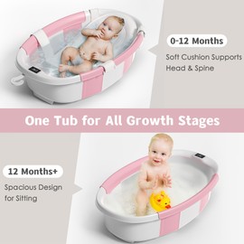 Collapsible Baby Bathtub for Newborn to Toddler 0-36 Months,Spacious Foldable Infant Bath Tub with Thermometer,Cushion & Drain Hole,Portable Travel Tub, Baby Shower Gift Pink
