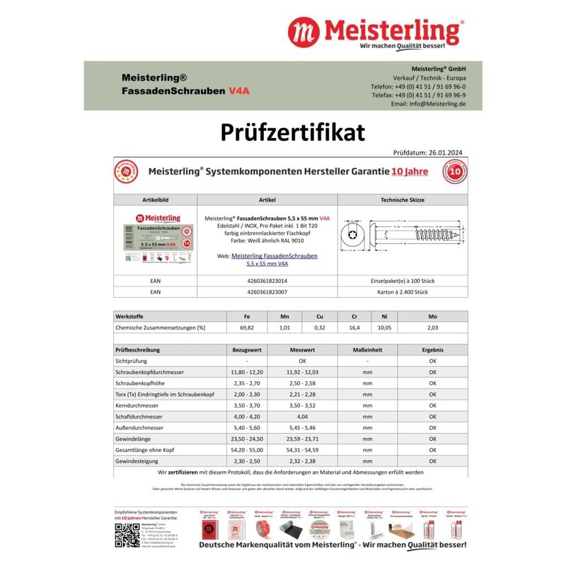 100 x MEISTERLING® Facade Screws INOX V4A 5.5 x 55