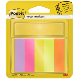 Post-it Notes Markers, Assorted Colours, 5 Pads, 15 mm x 50 mm, 100 Sheets per Pad, Green, Orange, Pink, Purple, Yellow - To Mark, Highlight or Color Code Important Information