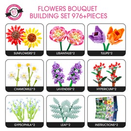 Under the Baubles Sunflowers Flowers Bouquet Building Set - 976 PCS Artificial Flower Home Decor Set for Adults, for Mom, Women, Her