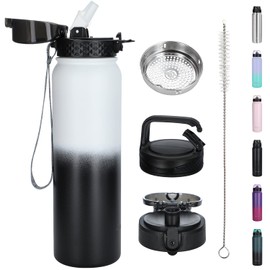 Oldley Insulated Water Bottle with Straw 32oz Stainless Steel Water Bottles with 3 lids Double-Wall Vacuum Thermal for Kids Adults School Sports, White Midnight Black