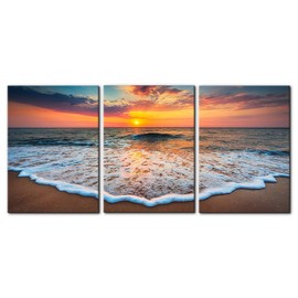 Pacimo 3 Pieces Wall Art Decor Beach Canvas Print Picture Sunrise Ocean Waves Scenery Painting Artwork for Office Wall Decor Home Decoration Stretched and Framed Ready to Hang - 20"x28"x3 Panels