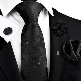 Gusleson Black Tie for Men Wedding Silk Floral Necktie Pocket Square Cufflinks and Lapel Pin Brooch Set (UK6107-38)