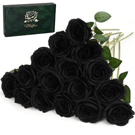 Waipfaru 16 Pcs Artificial Flowers Fake Silk Black Roses Bulk, Faux Real Touch Roses Bouquet with Long Stem for Wedding Party Home Decor (Black)