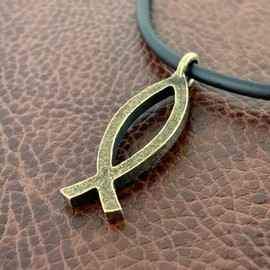 FORGIVEN JEWELRY Jesus Fish Ichthus Pewter Antique Brass Metal Finish Black Cord Necklace