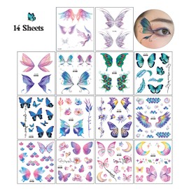 14 Sheets Glitter Butterfly Temporary Tattoos Sticker for Eye Face Makeup Decoration, Body art tattoo stickers Shiny Butterflies Waterproof Fake Tattoos for Women Girls Festival Party Eye Decor