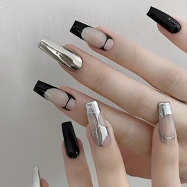 BABALAL Long Square Press on Nails Black French Tip Fake Nails Sliver Chrome Glue ons Nails Y2k Design Squoval False Nails