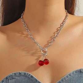 Allereya Vintage Cherry Pendant Necklace Silver Paper Clip Chain Choker Necklace Red Cherry Necklace Cherry Fruit Necklace Jewellery for Women, Zinc, No Gemstone