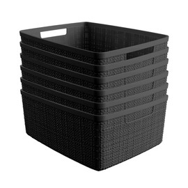 Curver Set of 6 Medium 12L Jute Decorative Plastic Organization and Storage Baskets - Perfect Bins for Home Office, Closet Shelves, Kitchen Pantry and All Bedroom Essentials, Black