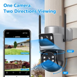 4K Solar Security Cameras Wireless Outdoor Battery Powered, 5GHz & 2.4GHz Dual Lens Bullet & 360°PTZ Linkage Outdoor Security Camera with Solar Panel, 8X Digital Zoom Color Night Vision (Silver 2Pack)