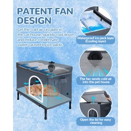 Cooling Cat House - Dual Use Cat Bed with Heated Pad & Fan - Foldable Long Lasting Coolness Air Condition Cat Mat with 10 Ice Packs - All Seasons in Hot Summer & Cold Winter - Easy Clean and Assemble