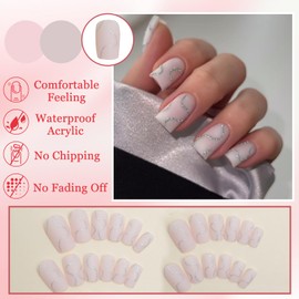 24Pcs Nude Pink False Nails Short Square, French Tip Press on Nails with Glue Stickers, Pure Color Full Cover Acrylic Fake Nails with Silver Shiny Lines, Glossy Removable Manicure Art Gifts for Women