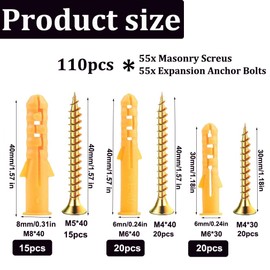 110 PCS Screws and Wall Plugs Set(55 x Masonry Screws, 55 x Expansion Anchor Bolts), M6 M8 Wall Plugs and Screws, Multi Purpose Wall Plugs, for Brick Wall Concrete Drywall Self Tapping