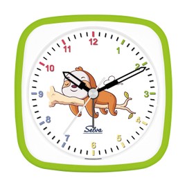SELVA Quartz Alarm Clock Sloth Perfect for School Green/White Sweeping Seconds Silent Analogue for Children Colourful Dial with Light/Alarm Repeat Dimensions 95 x 95 x 45 mm