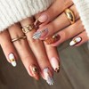 Uñas postizas de almendra, color marrón, tamaño mediano, estilo francés,