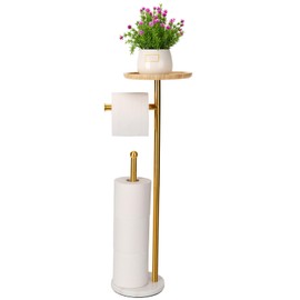 Standing Toilet Paper Holder Gold with 7.9" Big Tray, 2.2Lbs Heavier Marble Base, Freestanding Paper Holder Stand with Phone Shelf, Holds 5 Paper Rolls (Gold)