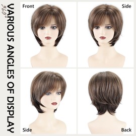 SEVENCOLORS Short Mixed Brown Wigs for Women Natural Layered Brown Mix Blonde Short Wigs with Bangs Synthetic Hair Womens Bob Wig