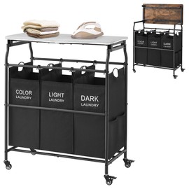 Hoctieon 3 Section Laundry Sorter Cart with Ironing Board, Laundry Hamper with Shelf and Rolling Wheels, Heavy Duty Laundry Basket Organizer, Large Clothes Separator Hamper with Removable Bags, Black