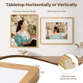 16x20 Picture Frame for Wall, Solid Oak Wood 16 by 20 Frames, 16 x 20 Poster Frame with Tempered Glass, 16x20 Frame Matted to 11x14, 16"x20" Wood Frame for Home Decor, Natural Oak Color, 3 Pack