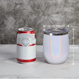 MEWAY Stemless 12 OZ Wine Tumbler Glasses with Lid -Insulated Double Wall Vacuum Stainless Steel Glitter Tumbler with Straw,for Woman Under 10 dollars (Rainbow White,1)