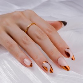 Hkanlre Uñas postizas almendradas brillantes, tamaño mediano, uñas postizas francesas para mujer, uñas naturales reutilizables con brillo.