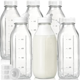 Liter Glass Milk Bottles w 100% Airtight Heavy Duty Screw Lid & 2 Dispenser- 6 Pack 32 Oz Drinking Jars - Food Grade Glass Bottles for Milk, Honey, Jam - Dishwasher Safe(Extra 2 Lids and Stickers)