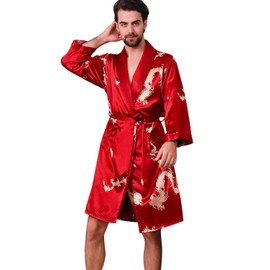 Haseil Men's Satin Robe Dragon Luxurious Silk Spa Long Sleeve House Kimono Bathrobe, Rosered, Tagsize2XL=UssizeL