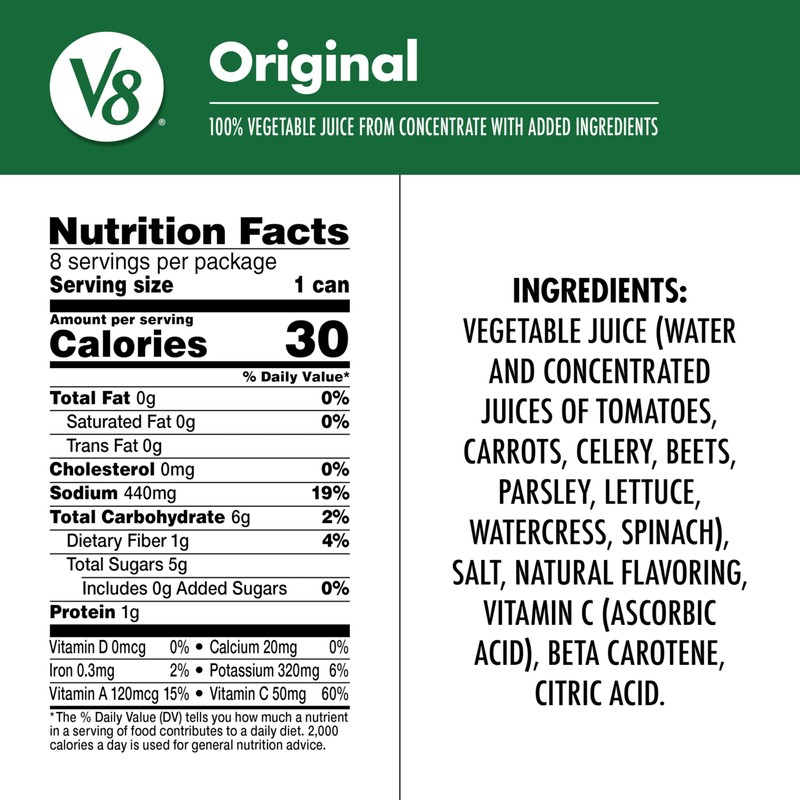 V8 Original 100% Vegetable Juice, 5.5 fl oz Can (8