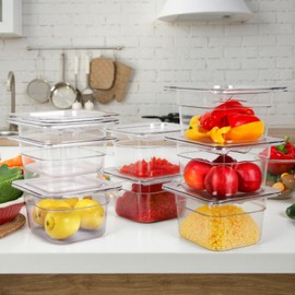 West Bay 10 Pack 1/6 Size Plastic Food Pans with Lids, 4 Inch Deep Clear Polycarbonate Hotel Pans for Commercial & Home Use, Stackable Food Storage Containers for Fridge, Kitchen & Catering