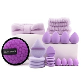 Make-up-Schwämme-Set, Foundation-Schwamm, Puderquaste-Set, Gesicht-Make-up-Schwämme, nass und trocken, doppelte Verwendung mit Stirnband-Armbändern für Flüssigkeit, Creme und Puder, Violett, 20-teilig
