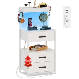 NASHZEN Nightstand 3 Drawer Dresser with LED Lights and Charging Station, Vertical Side Table with Fabric Drawers, End Table, Bedside Table and Dresser for Bedroom, Hallway, Entryway (White)