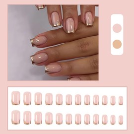 Gold French Tip Press On Nails Short Medium Quare Glue on Nails Metallic Fake Nails with Simple Designs for Women Pretty Stick on Nails Full Cover Artificial False Nails Acrylic Nail for Wedding 24pcs