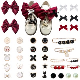 Lospfo 38 Pcs Shoe Charms for Sneakers Satin Bow Sneaker Charm for Shoe Lace with Bows/Jewelry/Pins/Clips Shoelace DIY Charms Decoration for Women (Burgundy)
