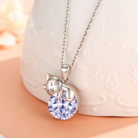 LONAGO Cat Necklace wih Bithstone 925 Sterling Silver Cat Pendan Necklace Gift for Women