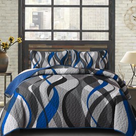 Anibedding Classic Line Quilt Set Queen Size, Grey and Blue Queen Quilt with 2 Pillowshams, Stripe Quilt Bedding Set 3PCs Soft Lightweight Microfiber Bedspread Coverlet Set for All Season, 96"x90"