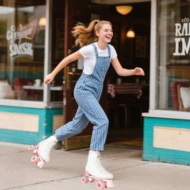 YYW Roller Skates for Women Girls White Pink Roller Skates Light Up Adult Double Row PU Leather Skates for Youth Adult Beginner Outdoor (Pink Flash Wheel,37)