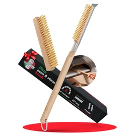 26” Pizza Oven Brush with Stone Scraper - Heat Resistant Stainless Steel Bristles, Extra Long Handle - Compatible with Ooni Ovens - Includes Spare Head