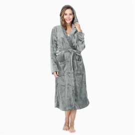 Local Stock Plush Oversize Winter Soft Warm Long Flannel Bathrobe with Hooded Women Thick Night Fleece Bath Robes DressingSize: 2 XL, Color: hooded grey