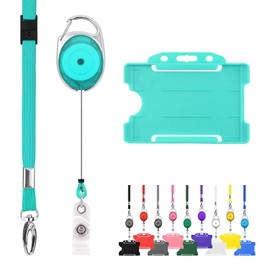Retractable Lanyard and Badge Holder Trio Triple Pack by LanyardsTomorrow - Set Includes A Single Plain Lanyard, Extendable Carabiner Yoyo Reel Clip and Rigid ID Card Holder (Turquoise)
